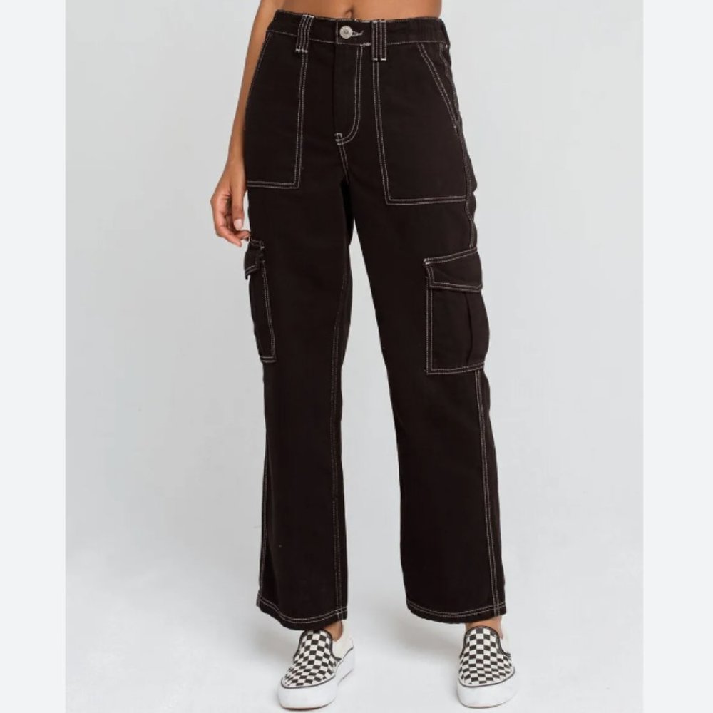 High-Waist Black Cargo Pants with Contrast Stitching